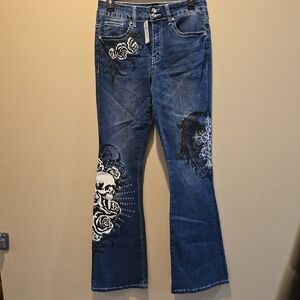 Embroidered Skull and Rose Flare Jeans